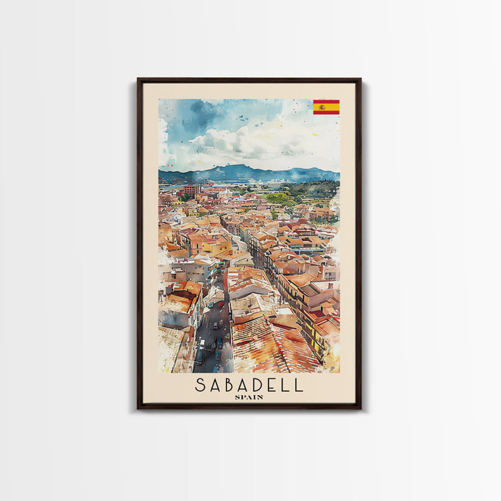 Sabadell Spain Travel Poster Framed Canvas Print, Watercolor Painting, Scenic Wall Art, Home Decor, Spanish Landscape, Artistic Art