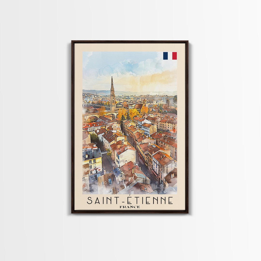 Saint Etienne France Travel Poster Framed Canvas Print, Watercolor Painting, Scenic Wall Art, Home Decor, French Cityscape, Classic Art
