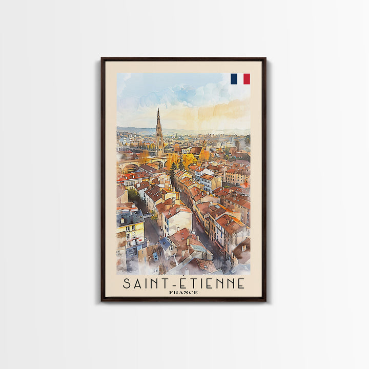 Saint Etienne France Travel Poster Framed Canvas Print, Watercolor Painting, Scenic Wall Art, Home Decor, French Cityscape, Classic Art
