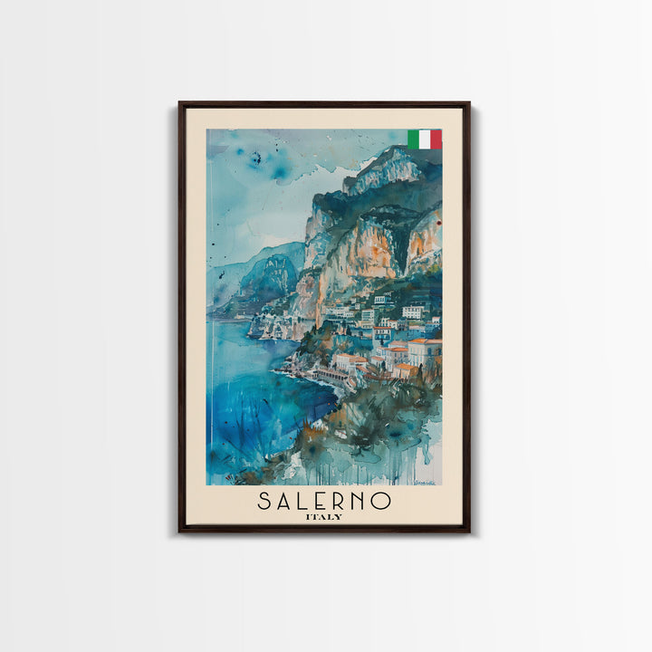 Salerno Italy Travel Poster Framed Canvas Print, Watercolor Painting, Coastal Wall Art, Home Decor, Italian Seaside, Modern Art