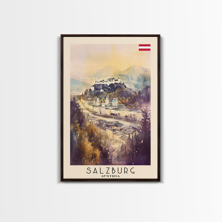 Salzburg Austria Travel Poster Framed Canvas Print, Watercolor Painting, Historic Wall Art, Home Decor, Austrian Architecture, Classic Decor