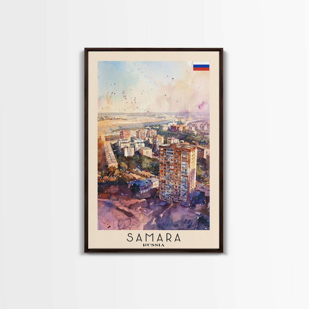 Samara Russia Travel Poster Framed Canvas Print, Watercolor Painting, Scenic Wall Art, Home Decor, Russian Landscape, Vibrant Decor