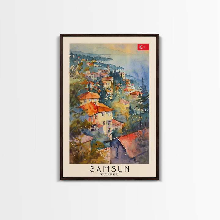 Samsun Turkey Travel Poster Framed Canvas Print, Watercolor Painting, Coastal Wall Art, Home Decor, Turkish Seaside, Modern Decor