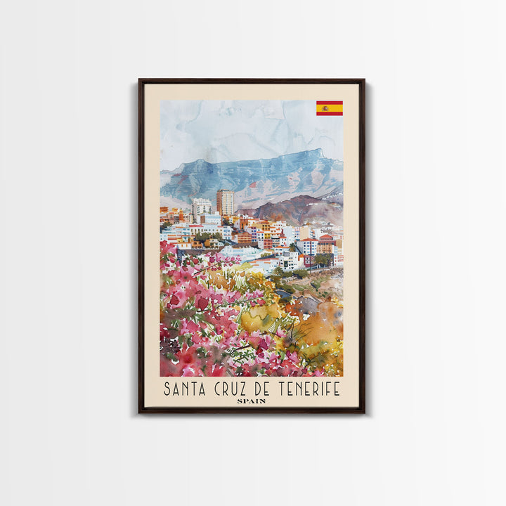 Santa Cruz de Tenerife Spain Travel Poster Framed Canvas Print, Watercolor Painting, Scenic Wall Art, Home Decor, Spanish Landscape, Modern Art