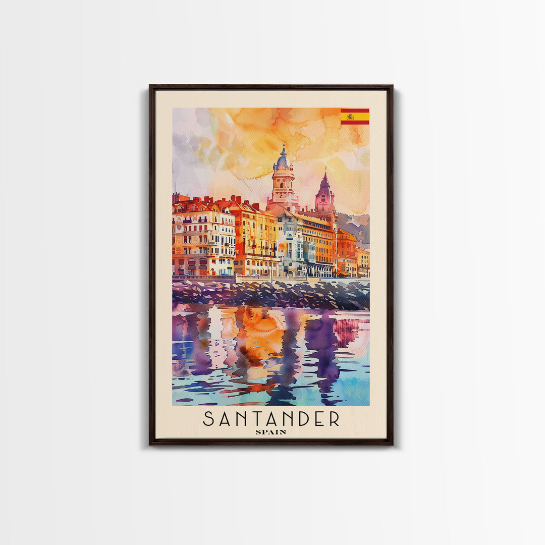 Santander Spain Travel Poster Framed Canvas Print, Watercolor Painting, Coastal Wall Art, Home Decor, Spanish Seaside, Vibrant Art