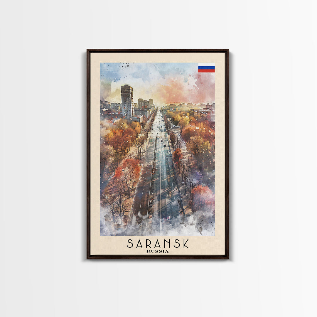 Saransk Russia Travel Poster Framed Canvas Print, Watercolor Painting, Urban Wall Art, Home Decor, Russian Cityscape, Modern Decor