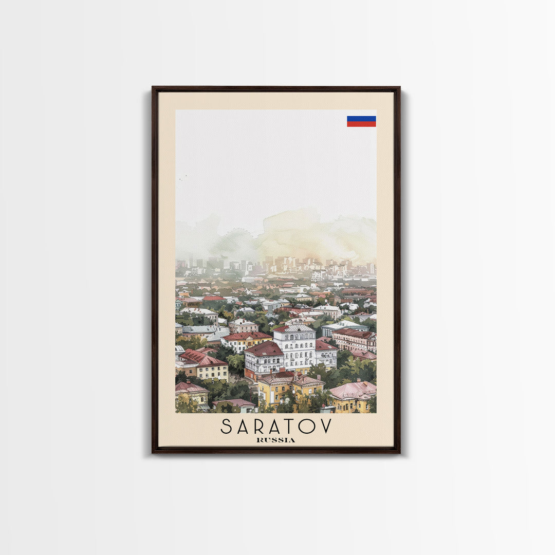 Saratov Russia Travel Poster Framed Canvas Print, Watercolor Painting, Scenic Wall Art, Home Decor, Russian Landscape, Vibrant Decor