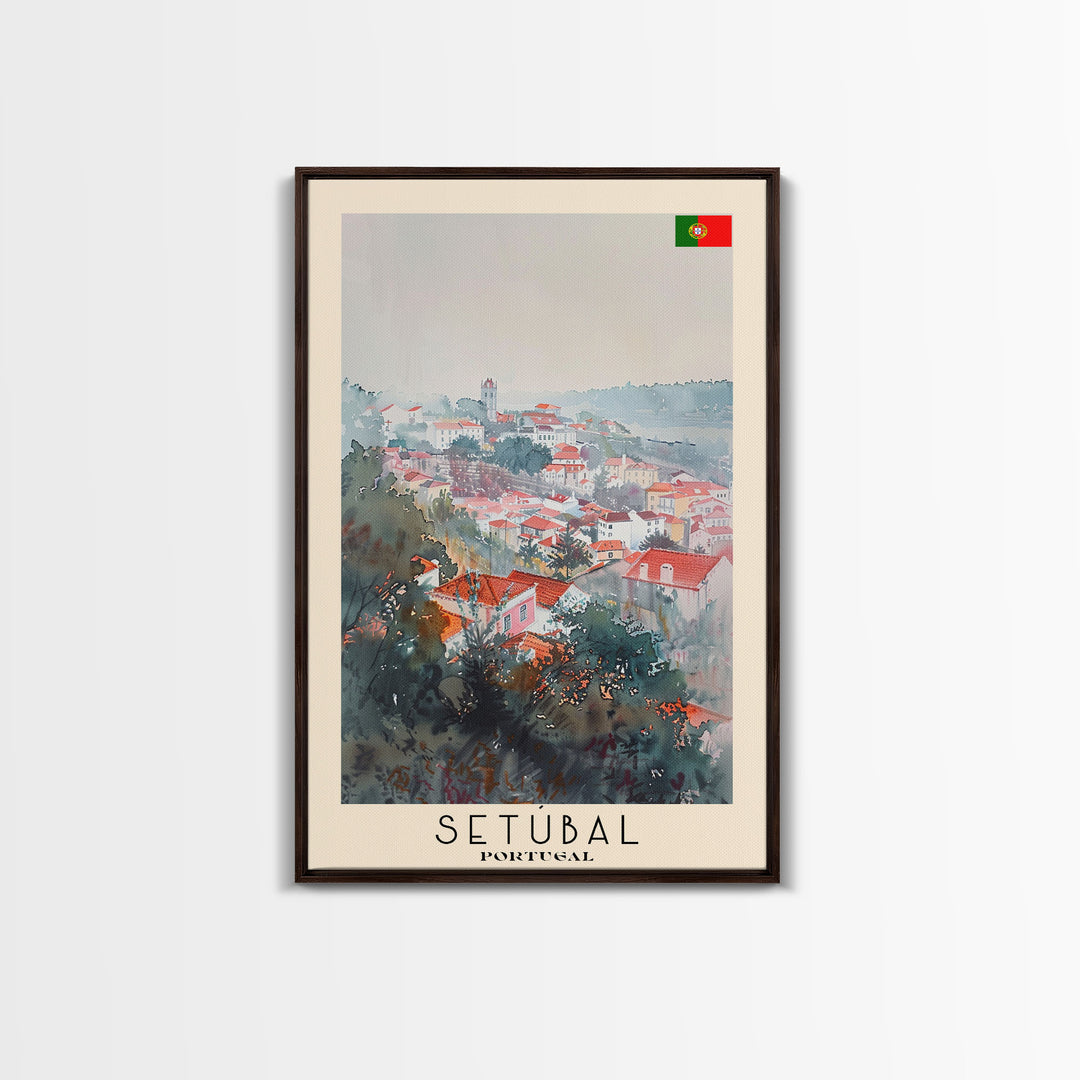 Setubal Portugal Travel Poster Framed Canvas Print, Watercolor Painting, Coastal Wall Art, Home Decor, Portuguese Seaside, Artistic Art