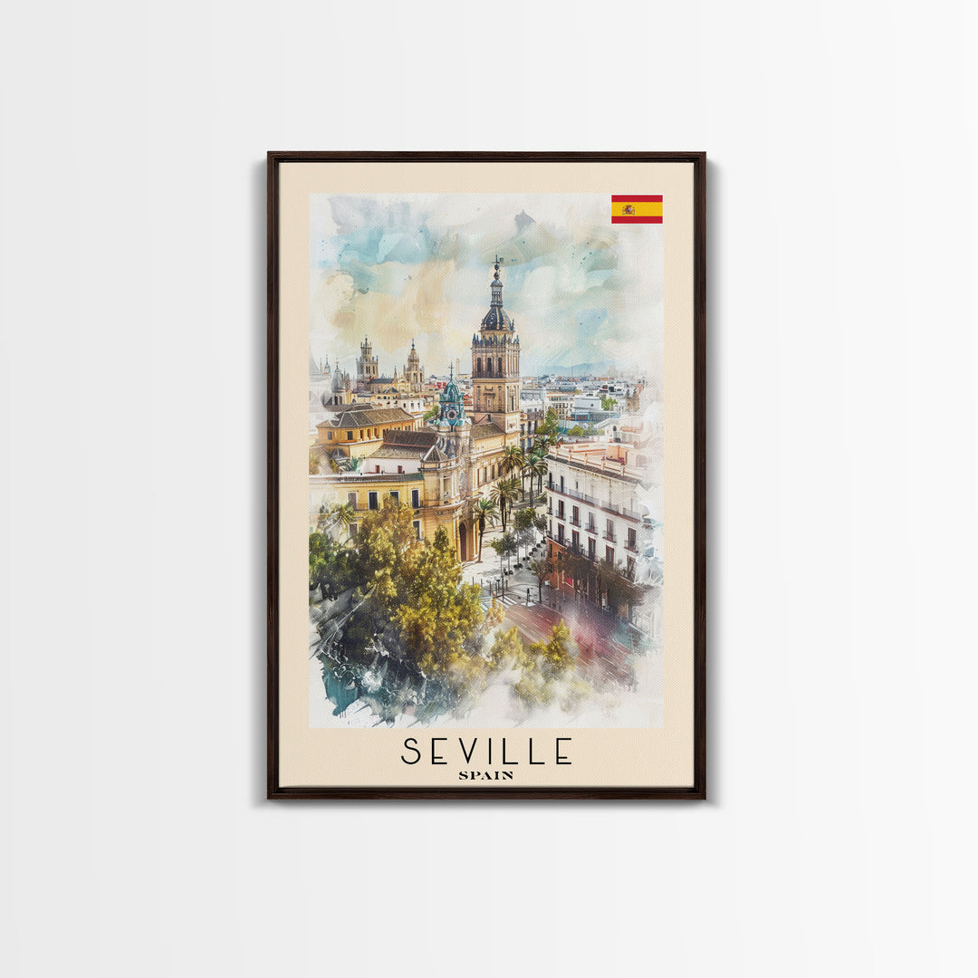 Seville Spain Travel Poster Framed Canvas Print, Watercolor Painting, Historic Wall Art, Home Decor, Spanish Architecture, Vibrant Decor