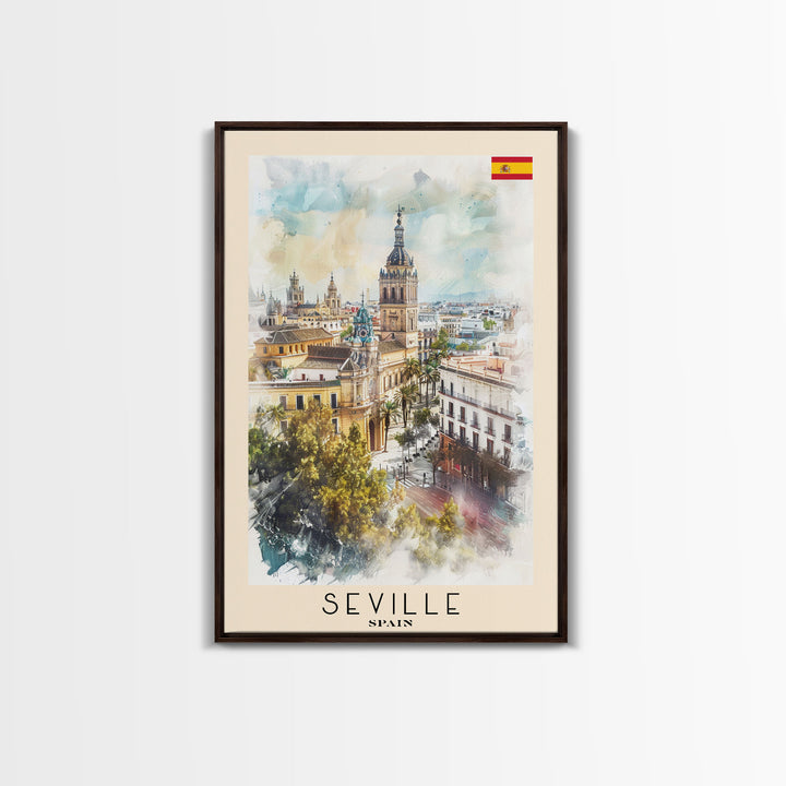 Seville Spain Travel Poster Framed Canvas Print, Watercolor Painting, Historic Wall Art, Home Decor, Spanish Architecture, Vibrant Decor
