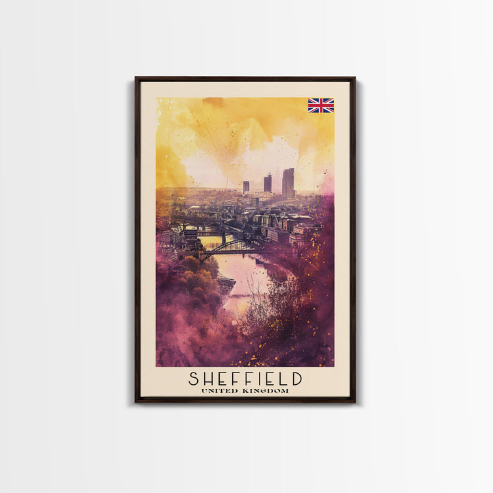 Sheffield United Kingdom Travel Poster Framed Canvas Print, Watercolor Painting, Urban Wall Art, Home Decor, British Cityscape, Artistic Decor