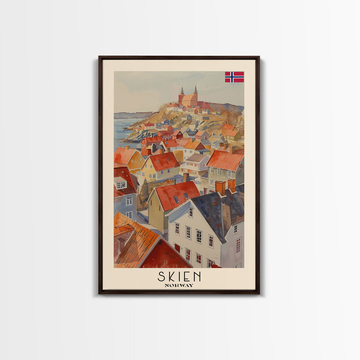 Skien Norway Travel Poster Framed Canvas Print, Watercolor Painting, Scenic Wall Art, Home Decor, Norwegian Landscape, Vibrant Art