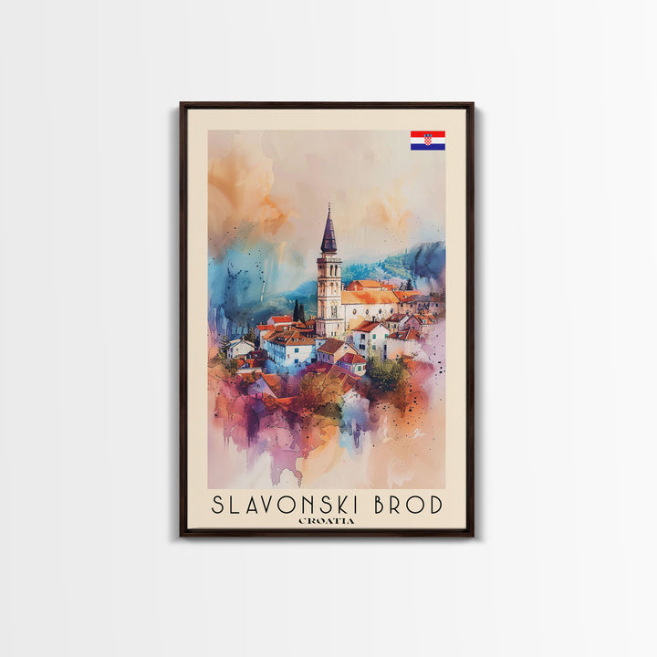 Slavonski Brod Croatia Travel Poster Framed Canvas Print, Watercolor Painting, Scenic Wall Art, Home Decor, Croatian Cityscape, Classic Art