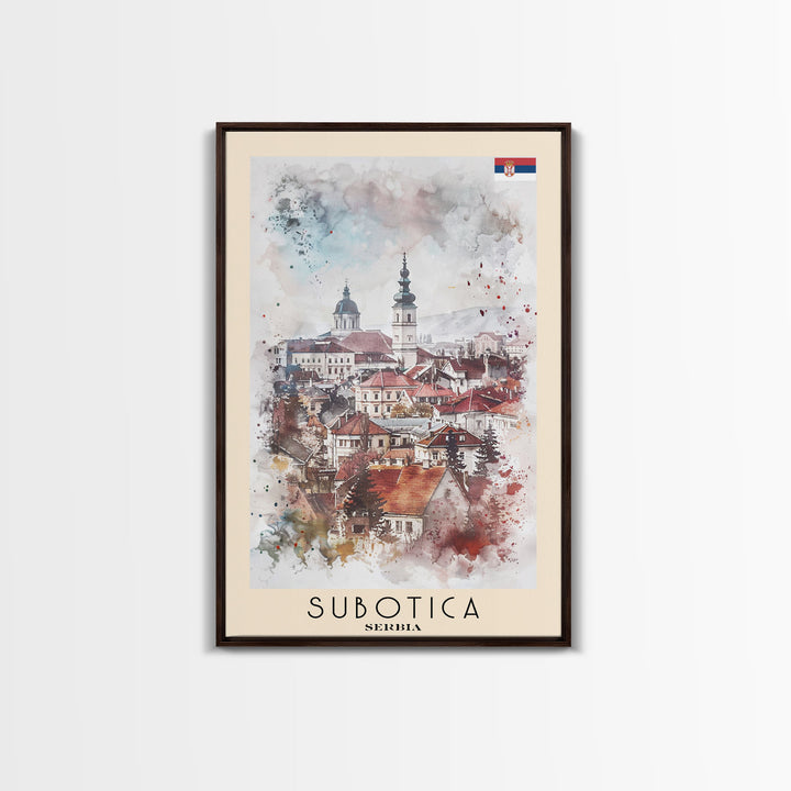 Subotica Serbia Travel Poster Framed Canvas Print, Watercolor Painting, Scenic Wall Art, Home Decor, Serbian Landscape, Vibrant Decor