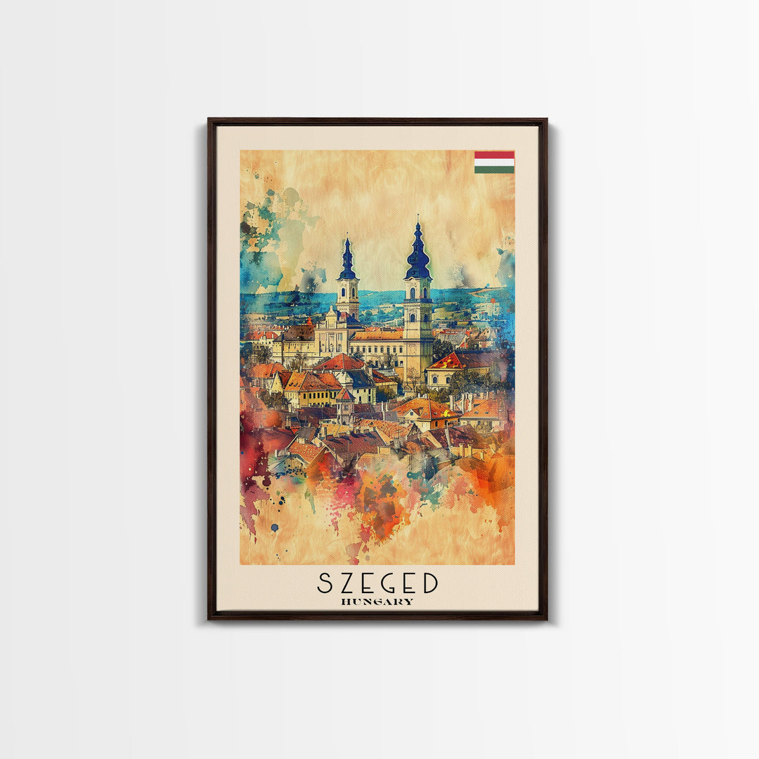 Szeged Hungary Travel Poster Framed Canvas Print, Watercolor Painting, Scenic Wall Art, Home Decor, Hungarian Cityscape, Vibrant Art