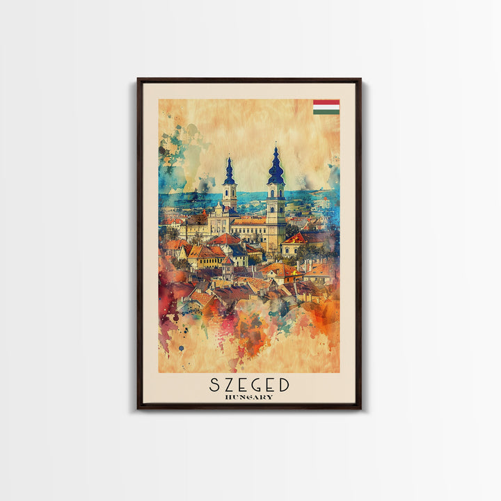 Szeged Hungary Travel Poster Framed Canvas Print, Watercolor Painting, Scenic Wall Art, Home Decor, Hungarian Cityscape, Vibrant Art
