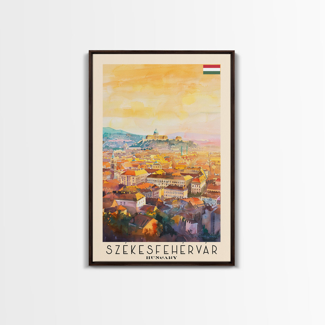 Szkesfehrvar Hungary Travel Poster Framed Canvas Print, Watercolor Painting, Scenic Wall Art, Home Decor, Hungarian Architecture, Artistic Decor