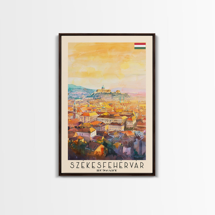 Szkesfehrvar Hungary Travel Poster Framed Canvas Print, Watercolor Painting, Scenic Wall Art, Home Decor, Hungarian Architecture, Artistic Decor