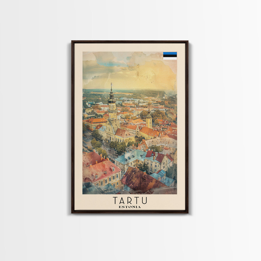 Tartu Estonia Travel Poster Framed Canvas Print, Watercolor Painting, Scenic Wall Art, Home Decor, Estonian Cityscape, Modern Decor