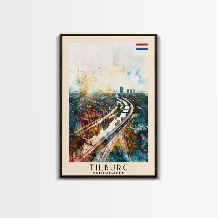 Tilburg Netherlands Travel Poster Framed Canvas Print, Watercolor Painting, Urban Wall Art, Home Decor, Dutch Cityscape, Trendy Decor