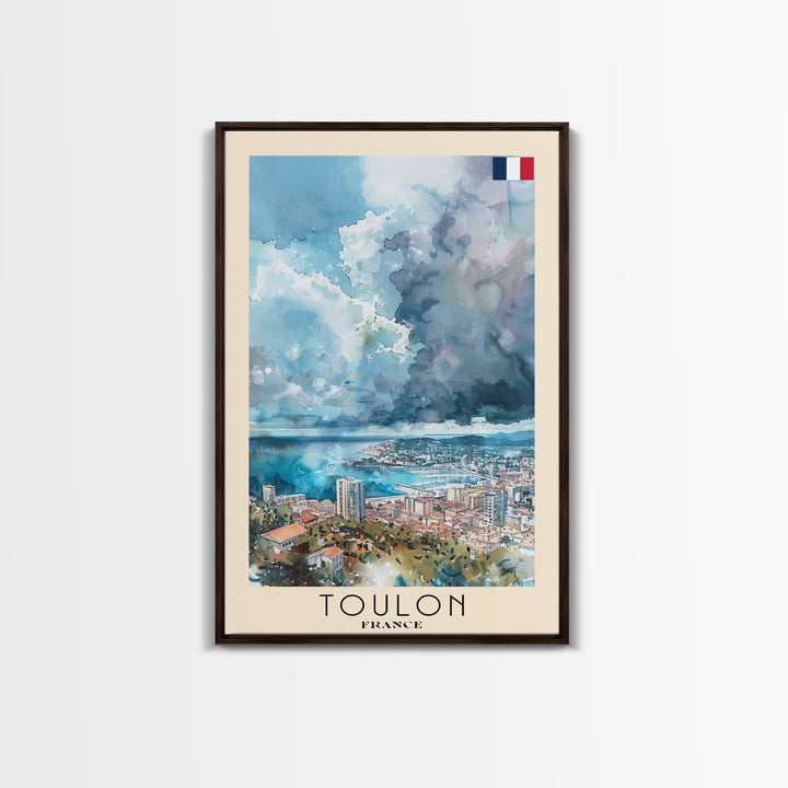 Toulon France Travel Poster Framed Canvas Print, Watercolor Painting, Coastal Wall Art, Home Decor, French Seaside, Nautical Decor