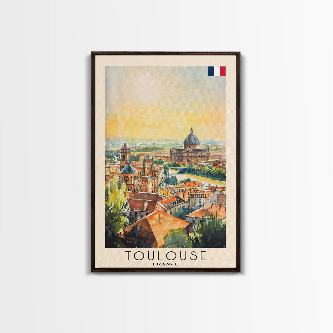 Toulouse France Travel Poster Framed Canvas Print, Watercolor Painting, Urban Wall Art, Home Decor, French Architecture, Stylish Decor