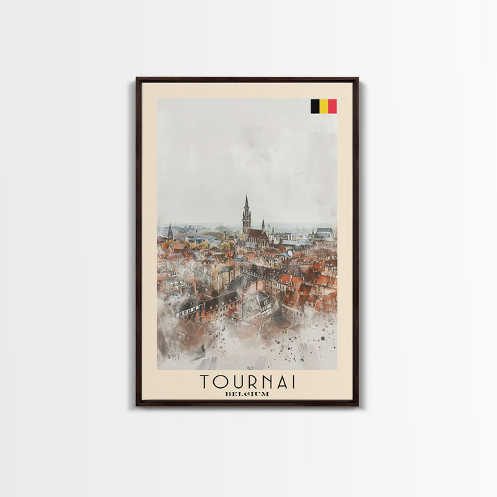 Tournai Belgium Travel Poster Framed Canvas Print, Watercolor Painting, Historic Wall Art, Home Decor, Belgian Cityscape, Heritage Art