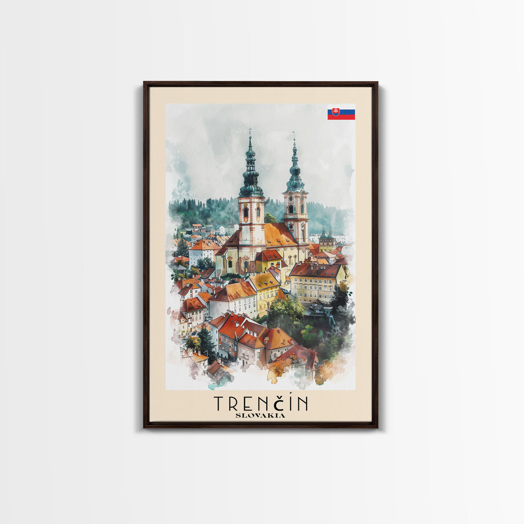 Trencin Slovakia Travel Poster Framed Canvas Print, Watercolor Painting, Scenic Wall Art, Home Decor, Slovakian Landscape, Alpine Decor