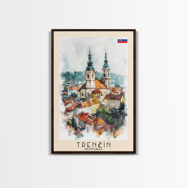 Trencin Slovakia Travel Poster Framed Canvas Print, Watercolor Painting, Scenic Wall Art, Home Decor, Slovakian Landscape, Alpine Decor