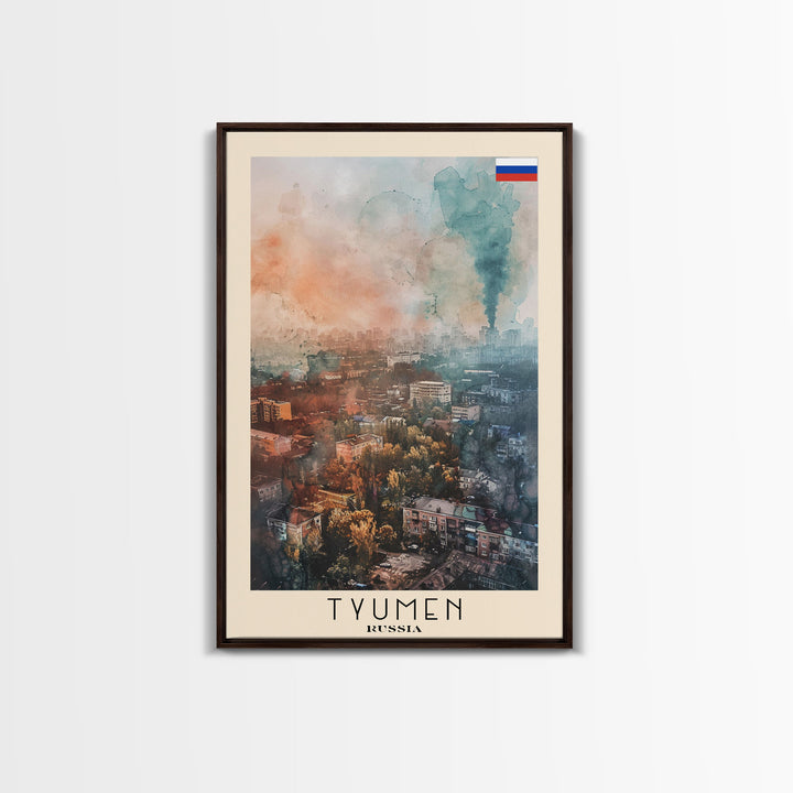 Tyumen Russia Travel Poster Framed Canvas Print, Watercolor Painting, Urban Wall Art, Home Decor, Russian Cityscape, Classic Art