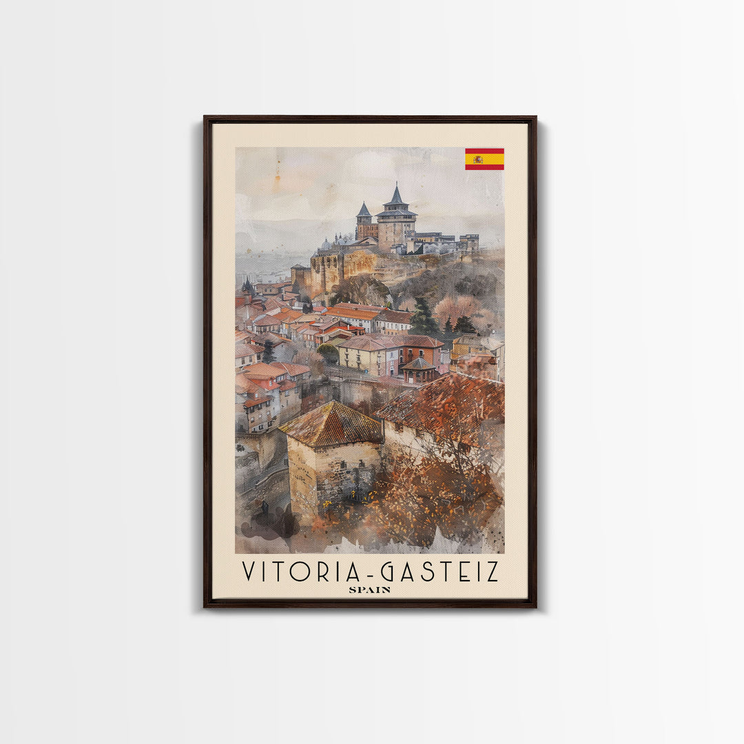 Vitoria Gasteiz Spain Travel Poster Framed Canvas Print, Watercolor Painting, Urban Wall Art, Home Decor, Spanish Cityscape, Trendy Art