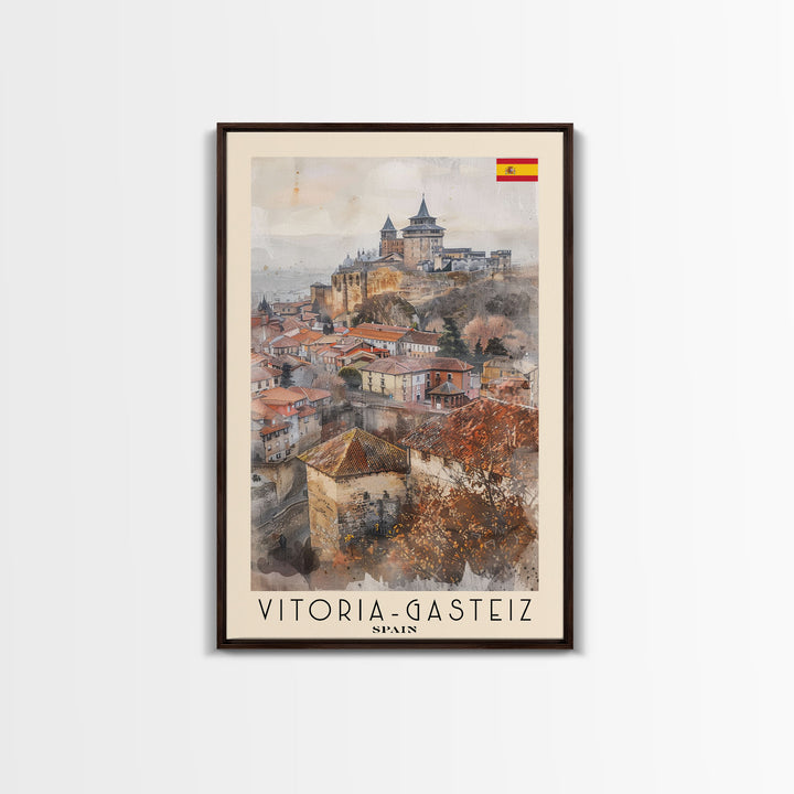 Vitoria Gasteiz Spain Travel Poster Framed Canvas Print, Watercolor Painting, Urban Wall Art, Home Decor, Spanish Cityscape, Trendy Art