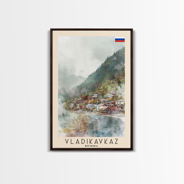 Vladikavkaz Russia Travel Poster Framed Canvas Print, Watercolor Painting, Scenic Wall Art, Home Decor, Russian Landscape, Vibrant Decor