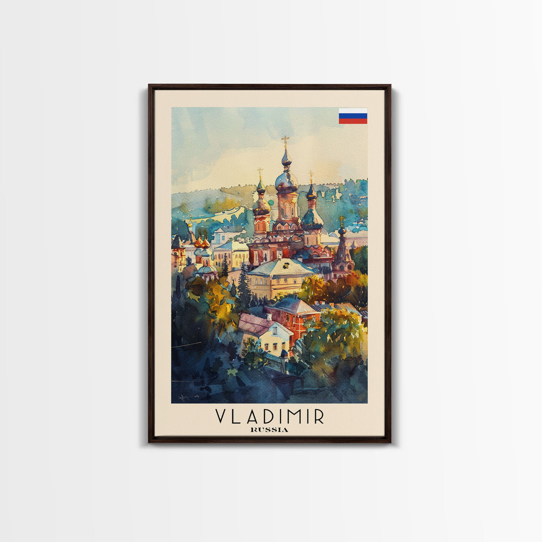 Vladimir Russia Travel Poster Framed Canvas Print, Watercolor Painting, Historic Wall Art, Home Decor, Russian Architecture, Classic Decor