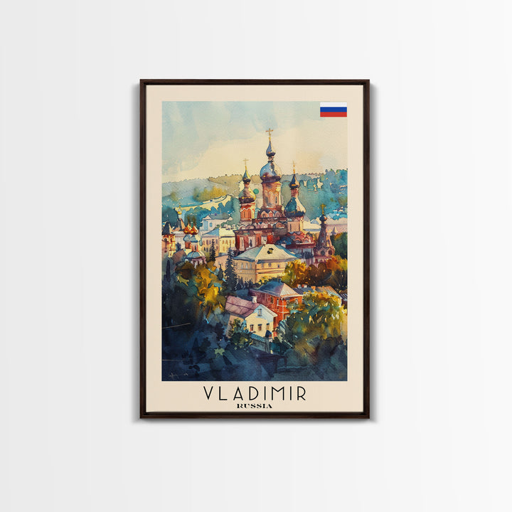 Vladimir Russia Travel Poster Framed Canvas Print, Watercolor Painting, Historic Wall Art, Home Decor, Russian Architecture, Classic Decor