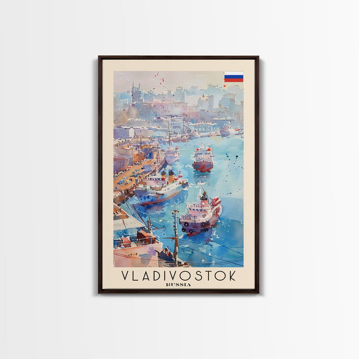 Vladivostok Russia Travel Poster Framed Canvas Print, Watercolor Painting, Coastal Wall Art, Home Decor, Russian Seaside, Nautical Art