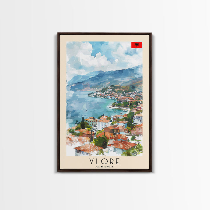 Vlor Albania Travel Poster Framed Canvas Print, Watercolor Painting, Scenic Wall Art, Home Decor, Albanian Landscape, Exotic Decor