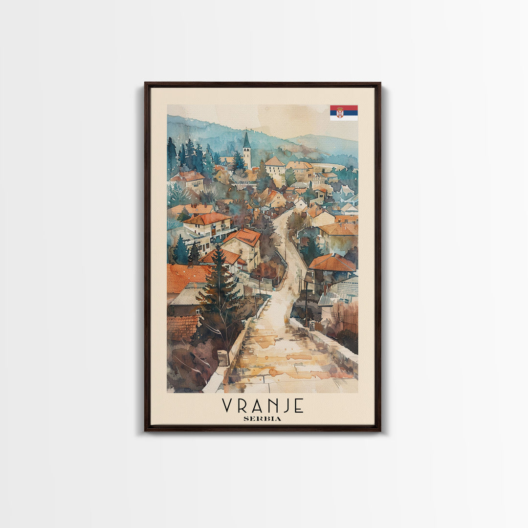 Vranje Serbia Travel Poster Framed Canvas Print, Watercolor Painting, Scenic Wall Art, Home Decor, Serbian Landscape, Traditional Art