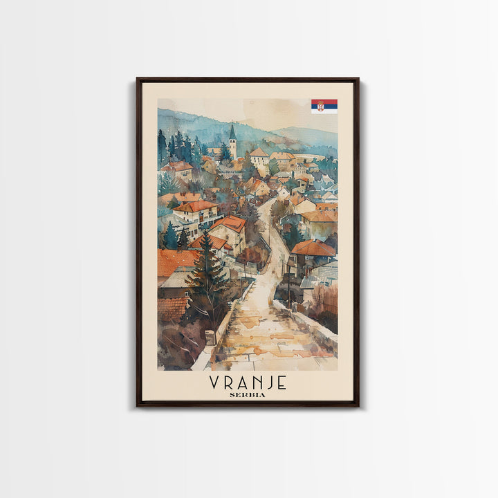 Vranje Serbia Travel Poster Framed Canvas Print, Watercolor Painting, Scenic Wall Art, Home Decor, Serbian Landscape, Traditional Art