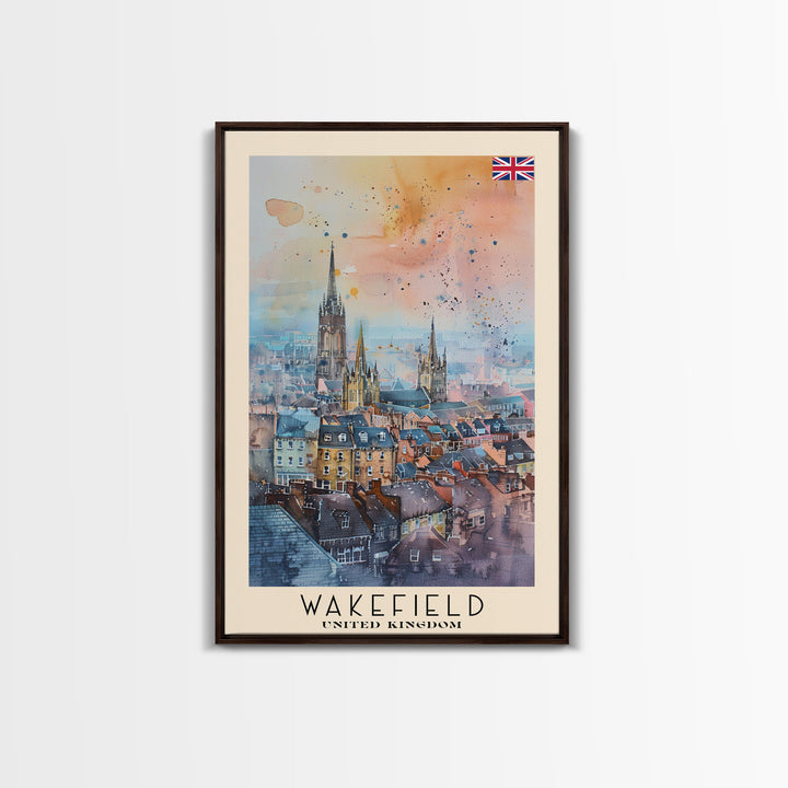 Wakefield United Kingdom Travel Poster Framed Canvas Print, Watercolor Painting, Urban Wall Art, Home Decor, British Cityscape, Elegant Decor