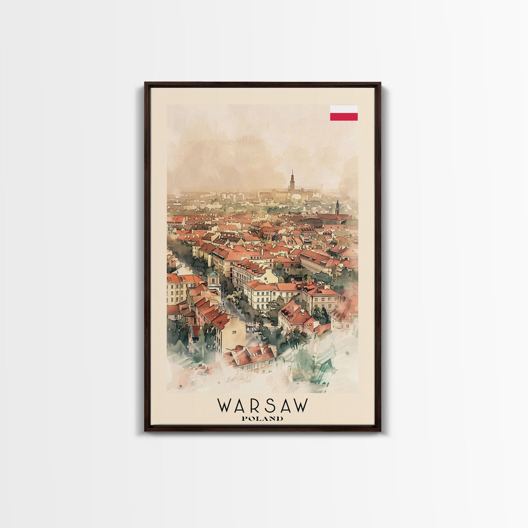 Warsaw Poland Travel Poster Framed Canvas Print, Watercolor Painting, Historic Wall Art, Home Decor, Polish Cityscape, Unique Gift Idea