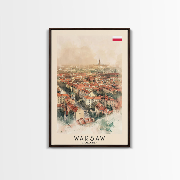 Warsaw Poland Travel Poster Framed Canvas Print, Watercolor Painting, Historic Wall Art, Home Decor, Polish Cityscape, Unique Gift Idea