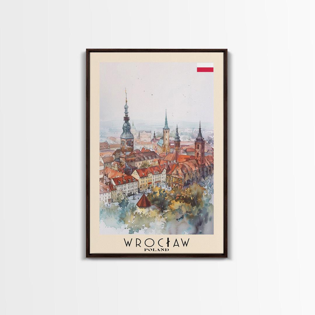 Wrocław Poland Travel Poster Framed Canvas Print, Watercolor Painting, Urban Wall Art, Home Decor, Polish Cityscape, Special Gift