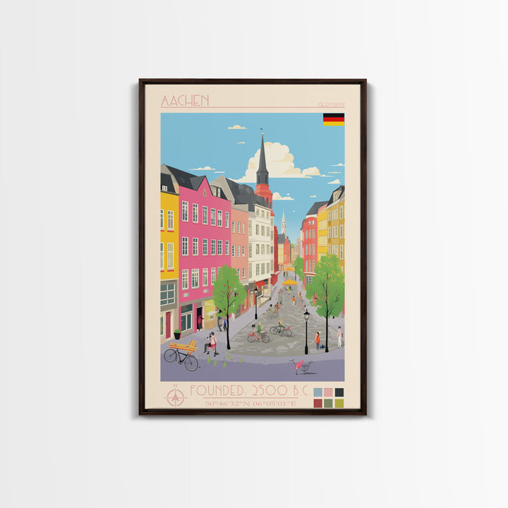 Aachen Germany Travel Poster Framed Canvas Print, Midcentury Modern Wall Art, Pop Art Home Decor, Vacation Gift, Living Room Art, Architectural Print