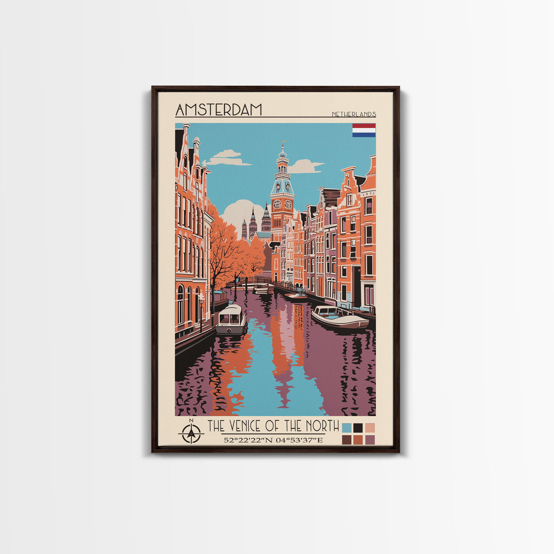 Amsterdam Netherlands Travel Poster Framed Canvas Print, Midcentury Modern Art, Pop Art Decor, Wall Art, Vacation Gift, Living Room Decoration, Scenic Print