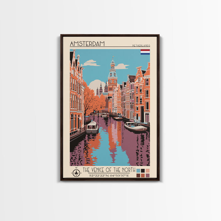 Amsterdam Netherlands Travel Poster Framed Canvas Print, Midcentury Modern Art, Pop Art Decor, Wall Art, Vacation Gift, Living Room Decoration, Scenic Print