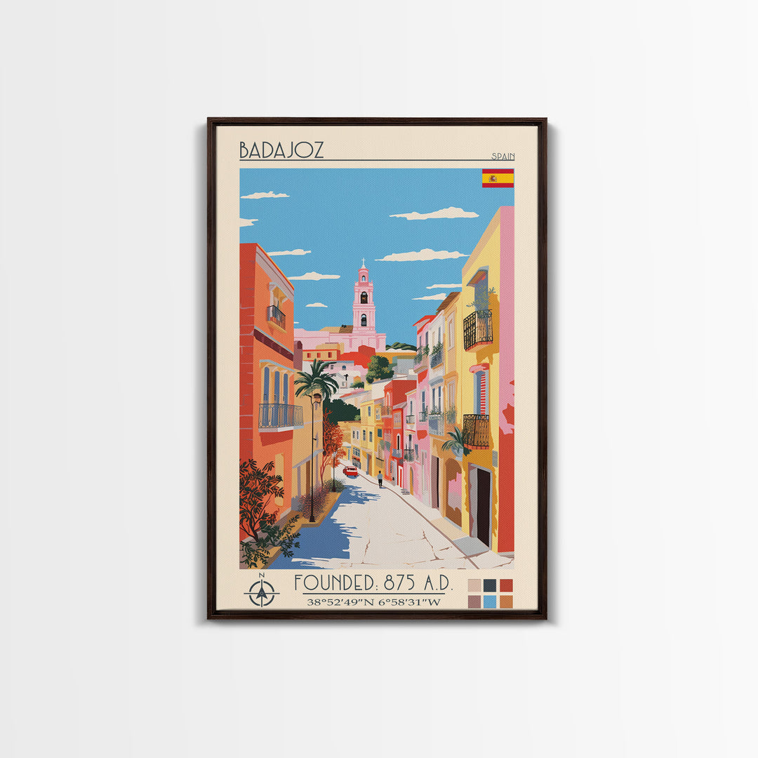 Badajoz Spain Travel Poster Framed Canvas Print, Midcentury Modern Art, Pop Art Wall Decor, Home Decor, Vacation Gift, Living Room Art
