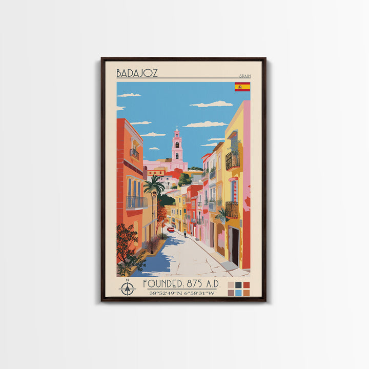 Badajoz Spain Travel Poster Framed Canvas Print, Midcentury Modern Art, Pop Art Wall Decor, Home Decor, Vacation Gift, Living Room Art
