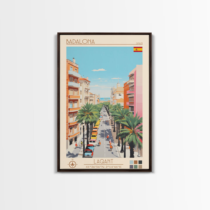 Badalona Spain Travel Poster Framed Canvas Print, Midcentury Modern Art, Pop Art Wall Decor, Home Decor, Vacation Gift, Living Room Art