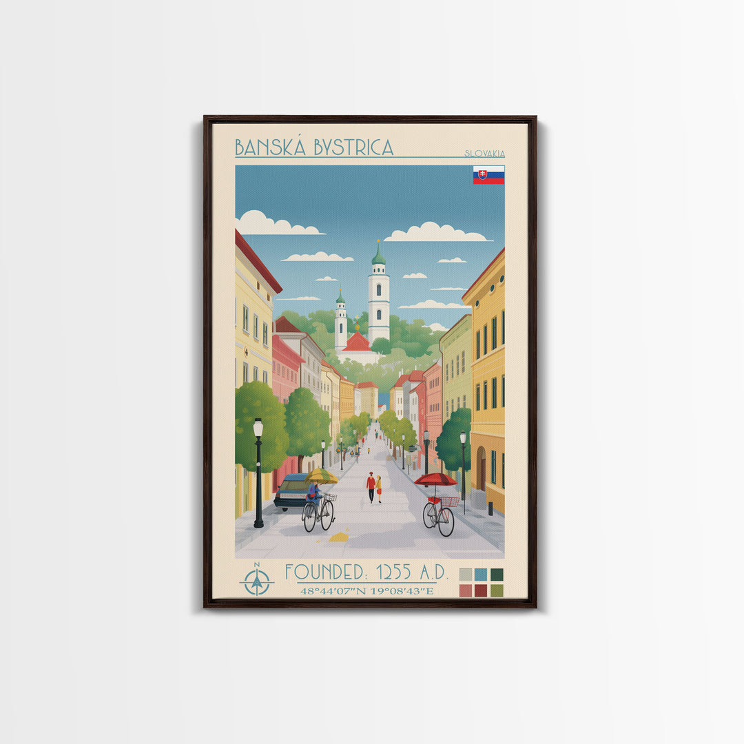 Banská Bystrica City in Slovakia Slovakia Travel Poster Framed Canvas Print, Midcentury Modern Art, Pop Art Wall Decor, Home Decor, Vacation Gift, Living Room Art